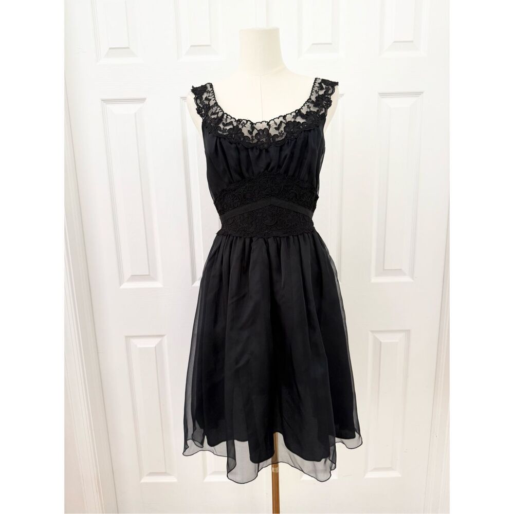 Anna Sui Y2K Black Silk Floral Patchwork Applied Lace Chiffon Mini Party Dress 4